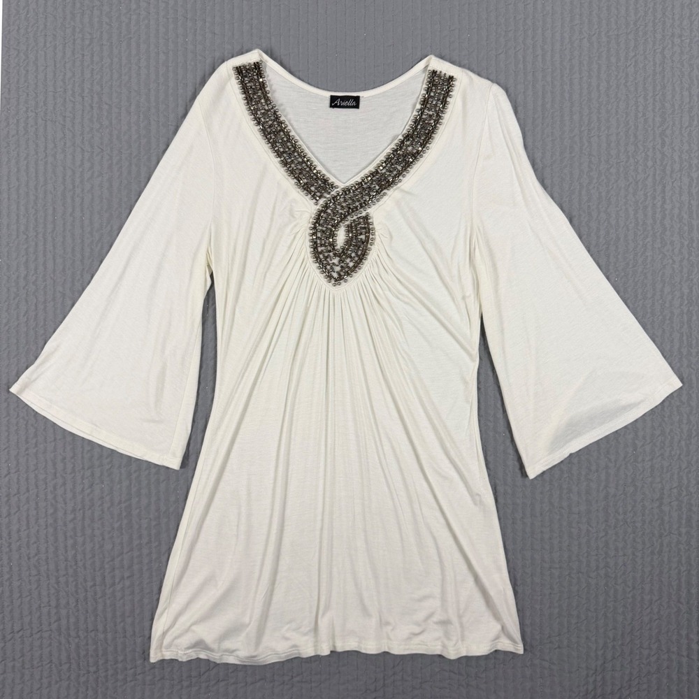 Ariella White Beaded V-Neck Bell Sleeve Tunic Top Boho Blouse Large